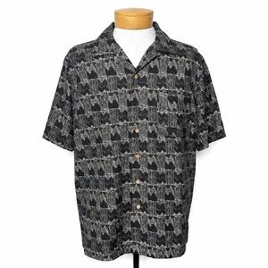 Vintage Batik Bay 100% Silk Shirt Mens Large Black Tan Abstract Geometric Camp
